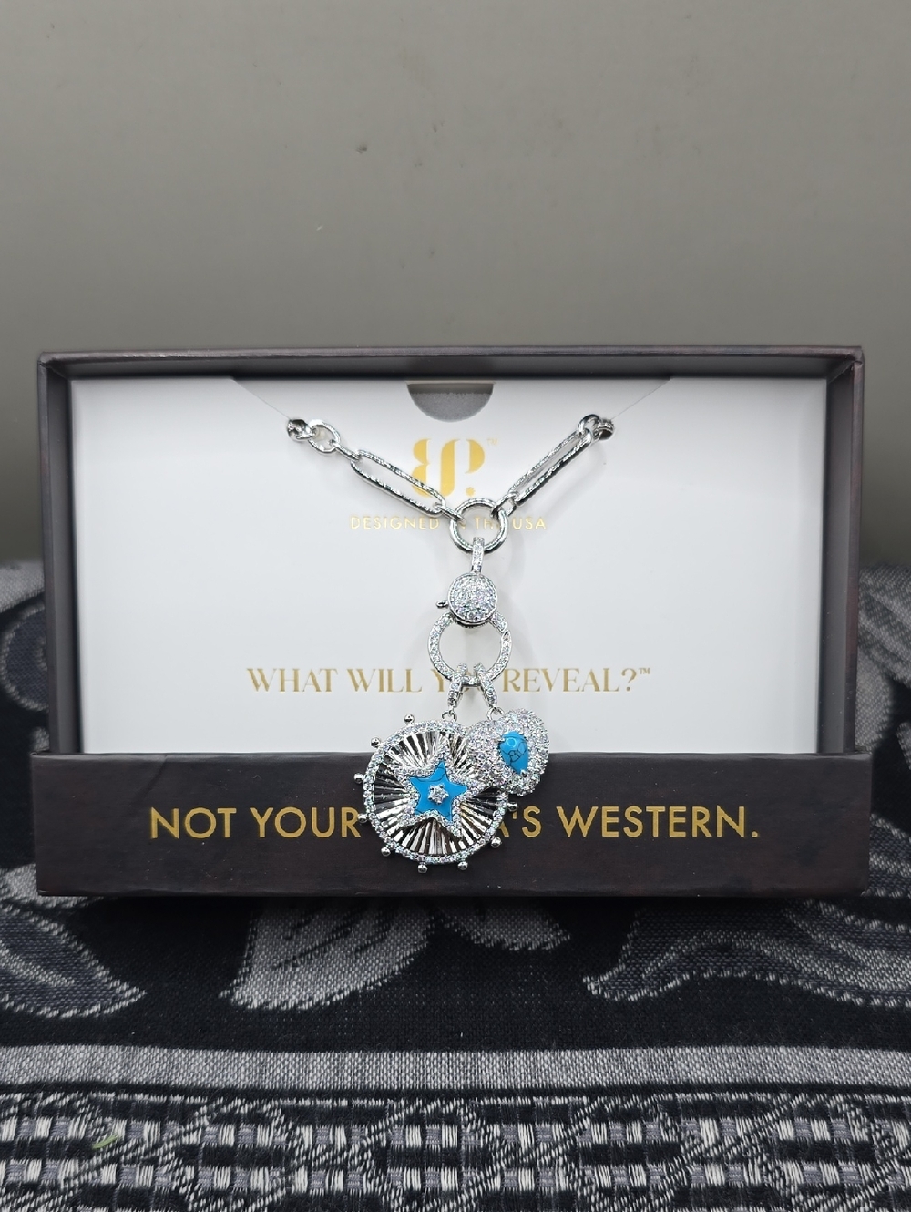 Bp OUTLAW Necklace Don't Touch The Assets Turquoise & Diamond CZ Rhodium Western